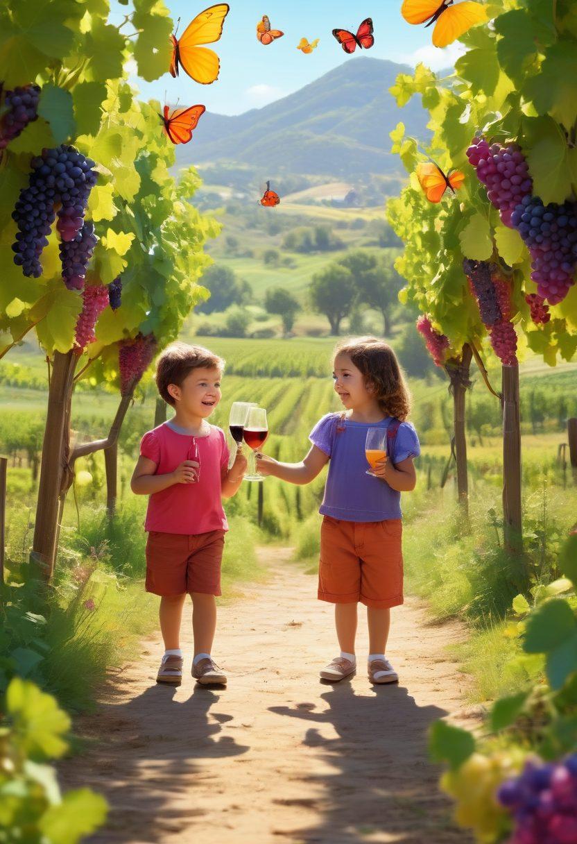 A whimsical scene of children exploring a colorful vineyard, with oversized wine glasses filled with juice, playful grape characters, and interactive tasting stations. In the background, a sunlit landscape featuring lush grapevines, cheerful butterflies, and vibrant flowers. The children are engaged in fun activities like grape stomping and a treasure hunt, evoking joy and curiosity. bright colors. cartoon style.