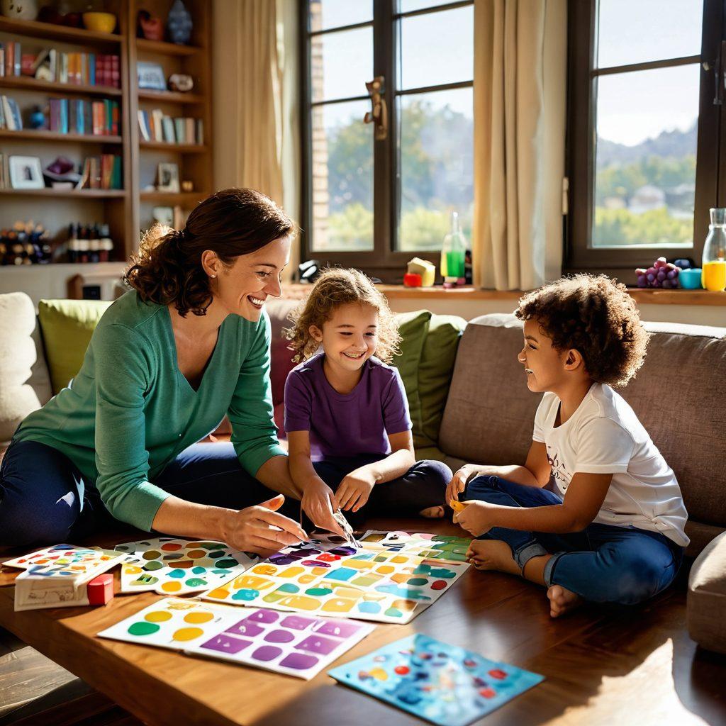 A cozy living room scene with a parent and child engaged in a fun learning game about wine education, surrounded by colorful wine-related educational materials, a playful atmosphere with question cards and grape-themed toys, soft sunlight streaming through a window, smiling expressions, engaging interaction. vibrant colors. warm lighting. super-realistic.