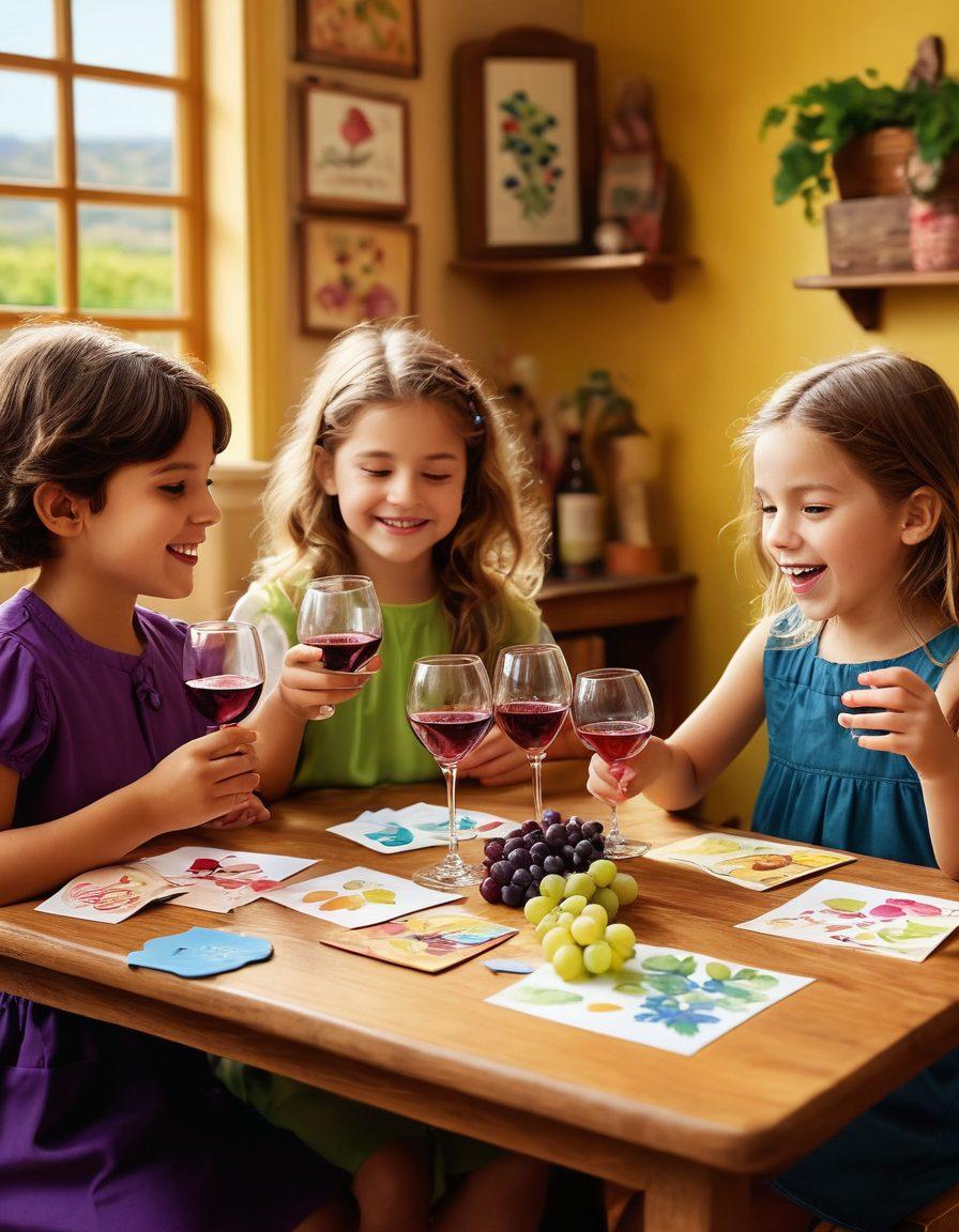 A whimsical classroom scene with children joyfully participating in wine education, featuring colorful wine glasses filled with grape juice, arts and crafts materials like grapes and wine tasting cards, engaged in fun activities and questions. The background shows a bright and cheerful ambiance with playful illustrations of vineyards and grapes. The children are diverse and animated, embodying curiosity and excitement. vibrant colors. playful art style.